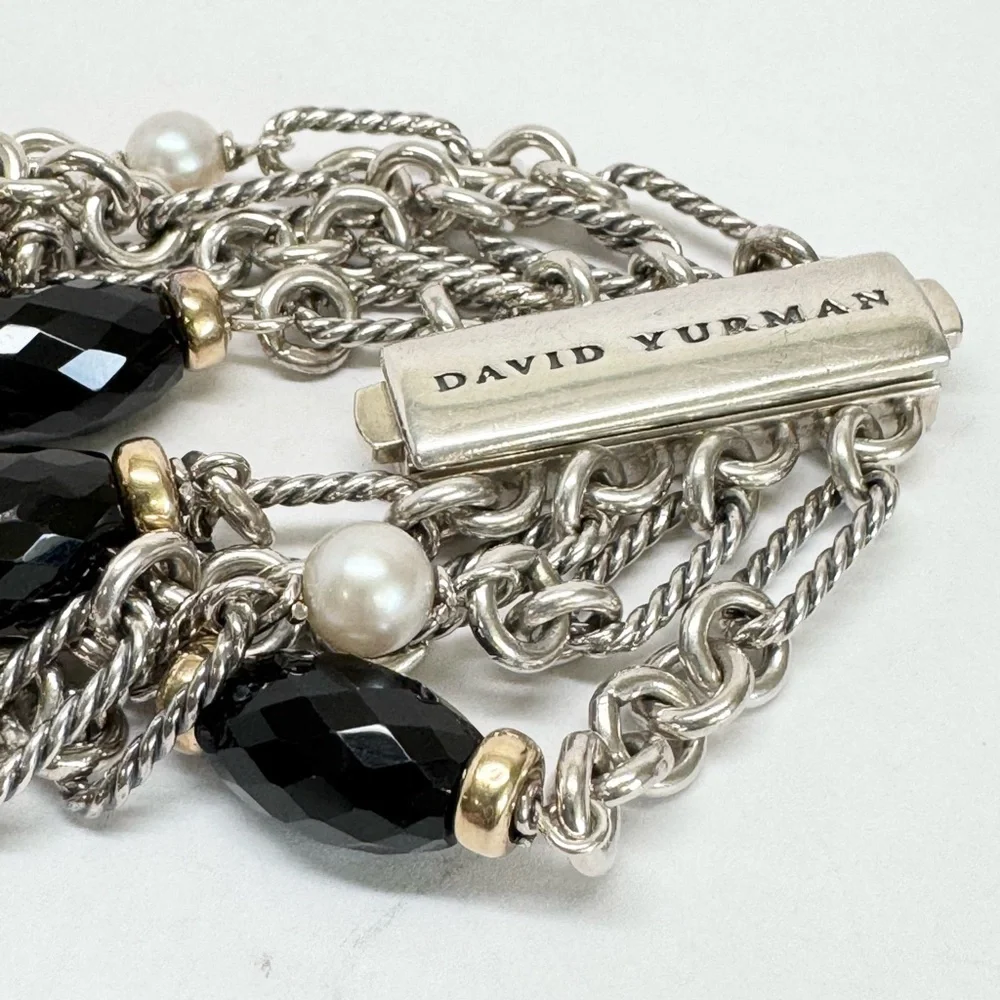 David Yurman Four Strand Figaro Black Onyx & Pearl Beaded .925 18K Gold Bracelet